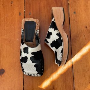 Square toe clogs - real wood soles! - 90s NINE WEST - genuine calf hair leather